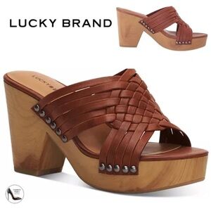 Lucky Brand Tellimi Woven Leather Platform Clog Sandals Brandy Size 9.5 NWOT